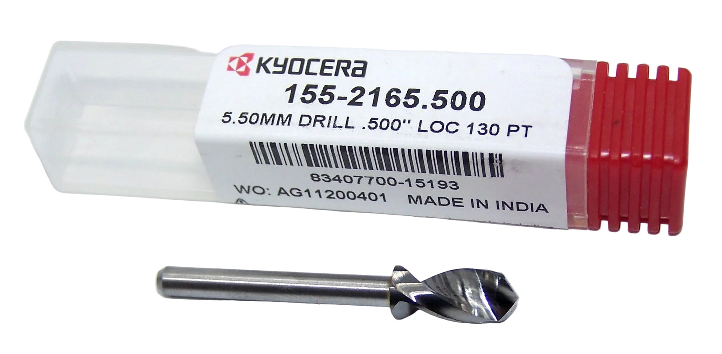 155-2165.500 Kyocera 5.50mm Carbide 0.2165" Diameter 0.500" Flute 1.50" Length 0.125" Shank 130° Point
