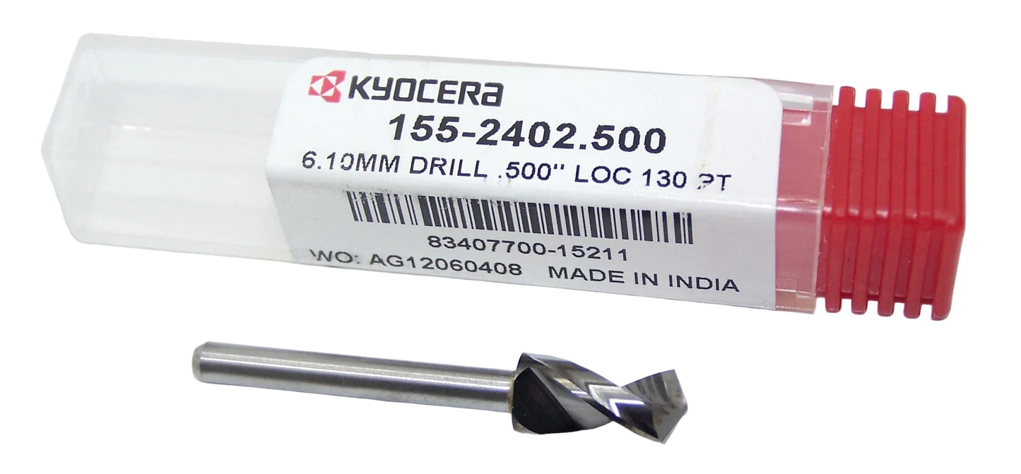 155-2402.500 Kyocera 6.10mm Carbide 0.2402" Diameter 0.5000" Flute 1.5" Length 0.125" Shank 130° Point