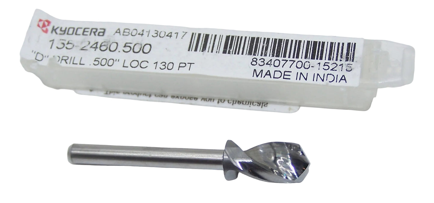 155-2460.500 Kyocera D Carbide 2 Flute Drill PCB Type 0.2460" Diameter 0.5000" Flute 1.5" Length 0.125" Shank 130° Point