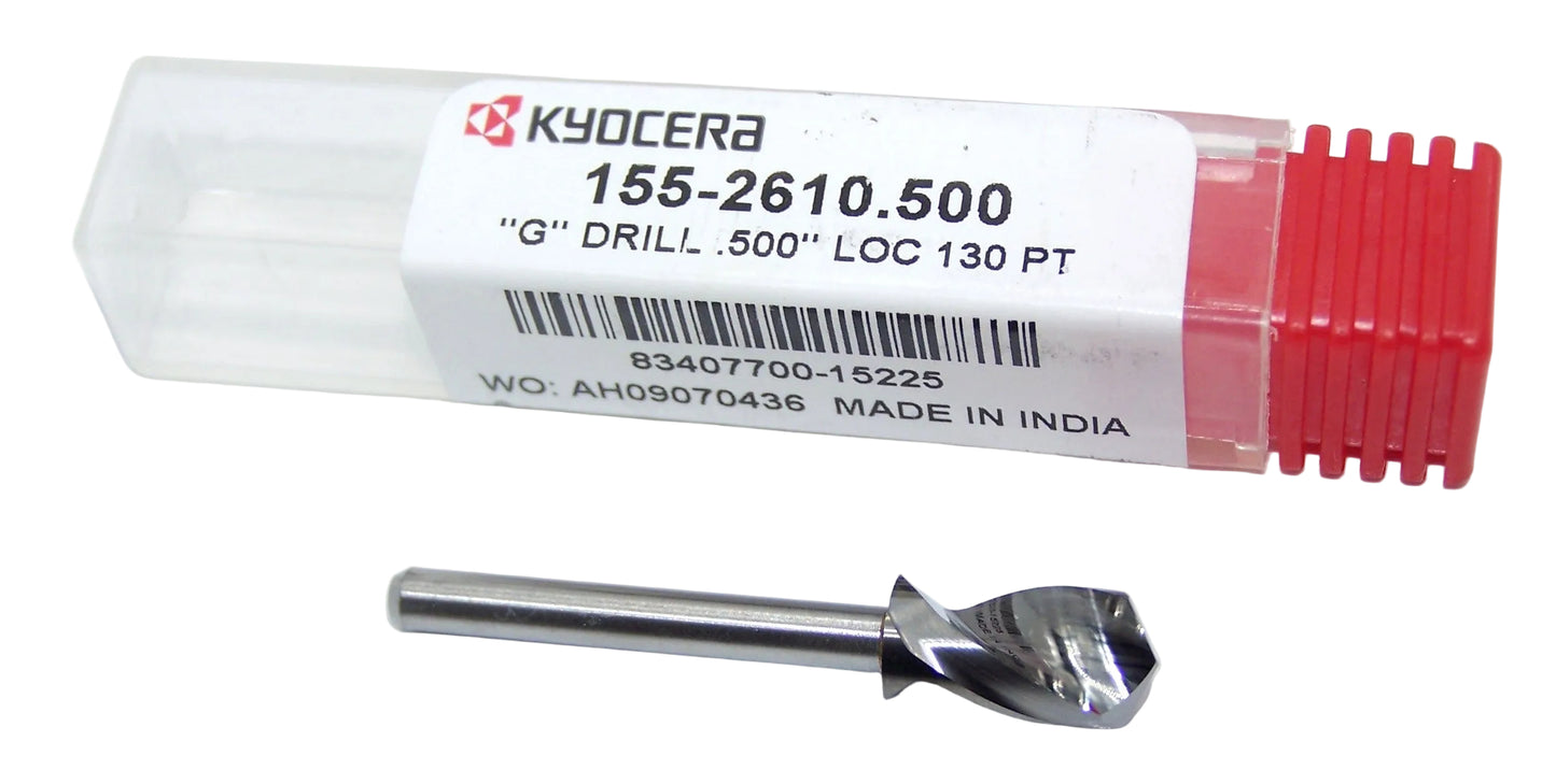 155-2610.500 Kyocera G Carbide 0.2610" Diameter 0.500" Flute 1.50" Length 0.125" Shank 130° Point