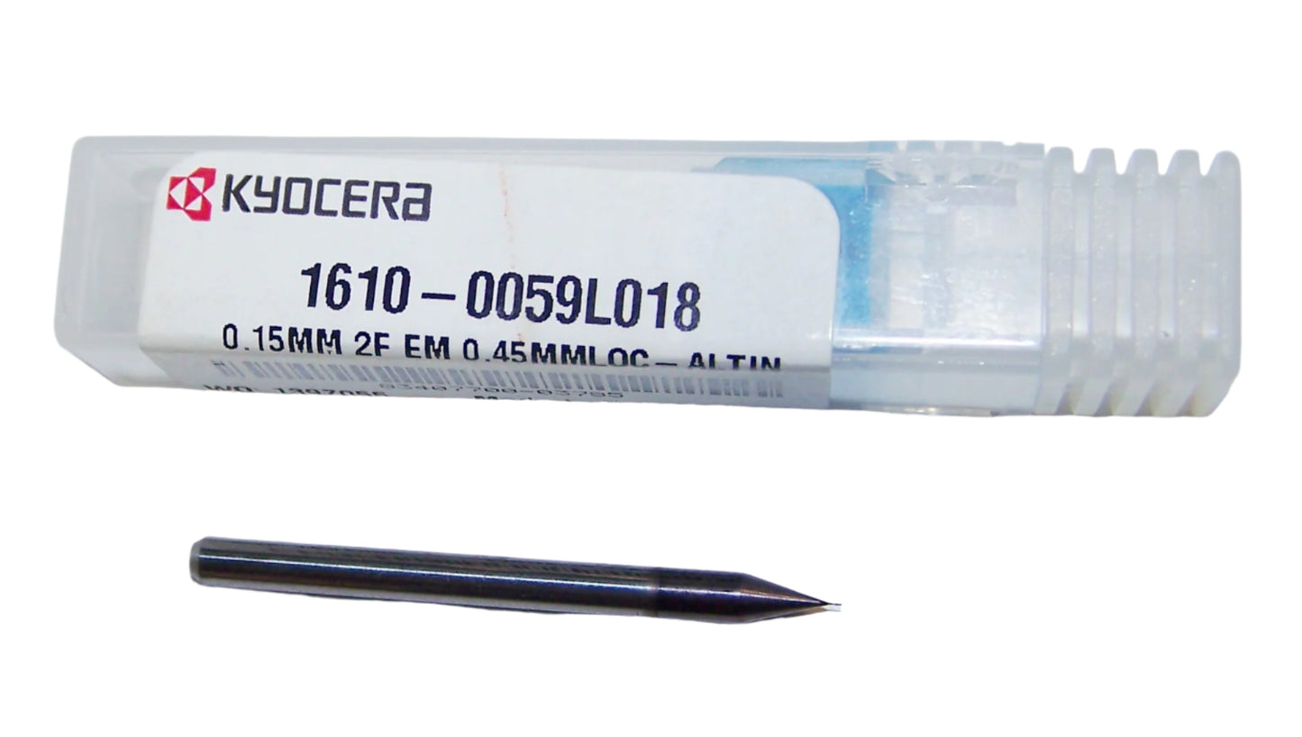 1610-0059L018 Kyocera 0.15mm Carbide 2 Flute End Mill ALTiN Coated 0.0059" Diameter 0.0177" Flute 1.5" Length 0.1181" Shank