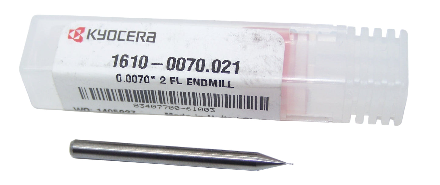 1610-0070.021 Kyocera 0.007" Carbide 2 Flute End Mill 0.0070" Diameter 0.0210" Flute 1.5" Length 0.125" Shank