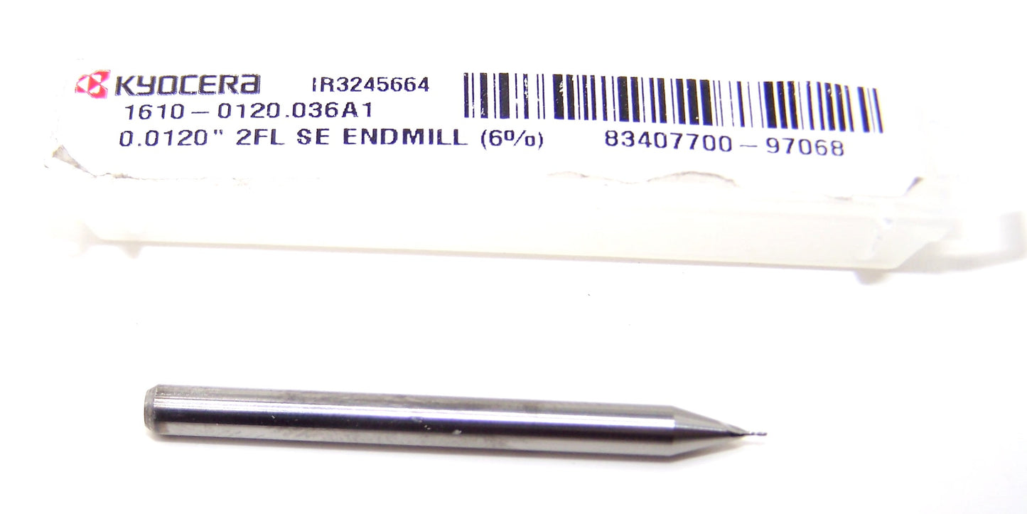 1610-0120.036A1 Kyocera #83 Carbide 2 Flute End Mill Low Cobalt .0120" Diameter .036" Flute 1.50" Length .125" Shank