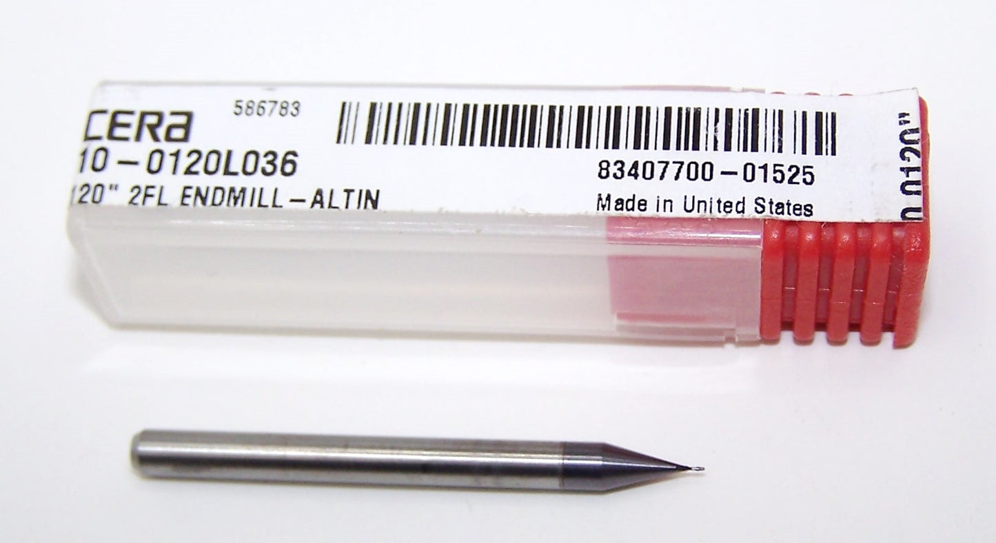 1610-0120L036 Kyocera #83 Carbide 2 Flute End Mill AlTiN Coated .0120" Diameter .036" Flute 1.50" Length .125" Shank