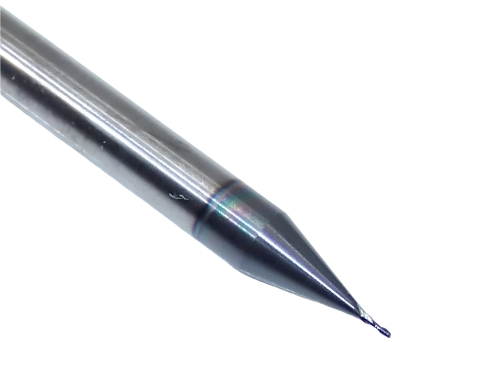 1610-0130L039 Kyocera 0.0130" Carbide 2 Flute End Mill ALTiN Coated 0.0130" Diameter 0.0390" Flute 1.5" Length 0.125" Shank