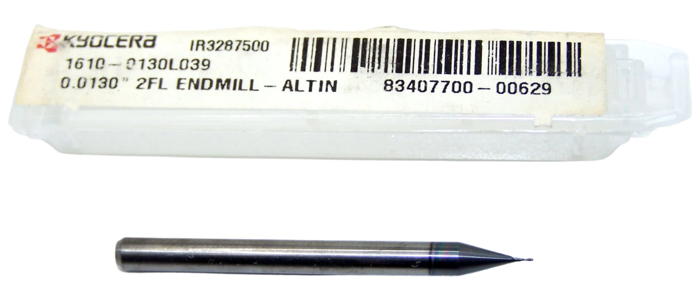 1610-0130L039 Kyocera 0.0130" Carbide 2 Flute End Mill ALTiN Coated 0.0130" Diameter 0.0390" Flute 1.5" Length 0.125" Shank