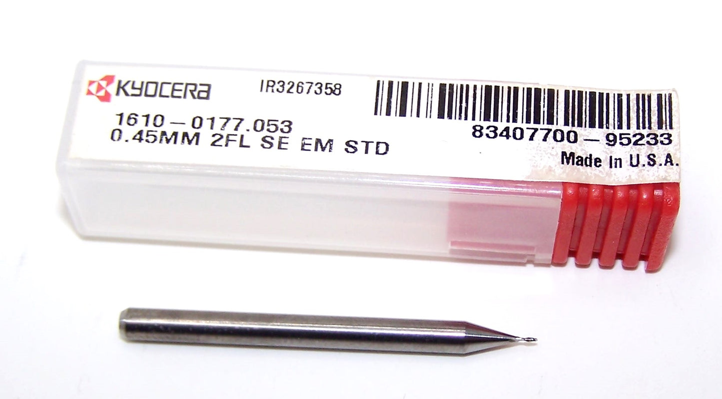 1610-0177.053 Kyocera 0.45mm Carbide 2 Flute End Mill 0.0177" Diameter 0.0530" Flute 1.5" Length 0.1181" Shank