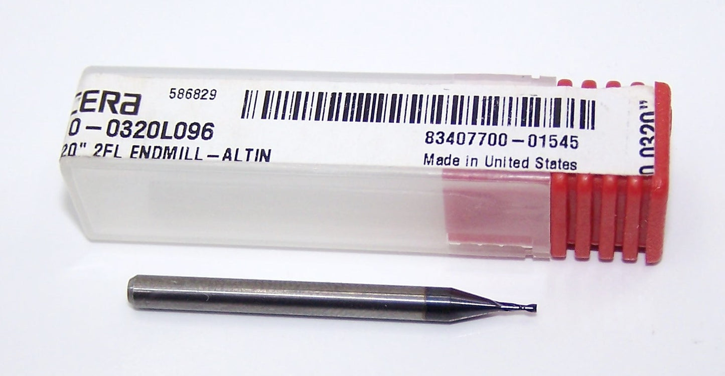 1610-0320L096 Kyocera 0.032" Carbide 2 Flute End Mill ALTiN Coated 0.0320" Diameter 0.0960" Flute 1.5" Length 0.125" Shank