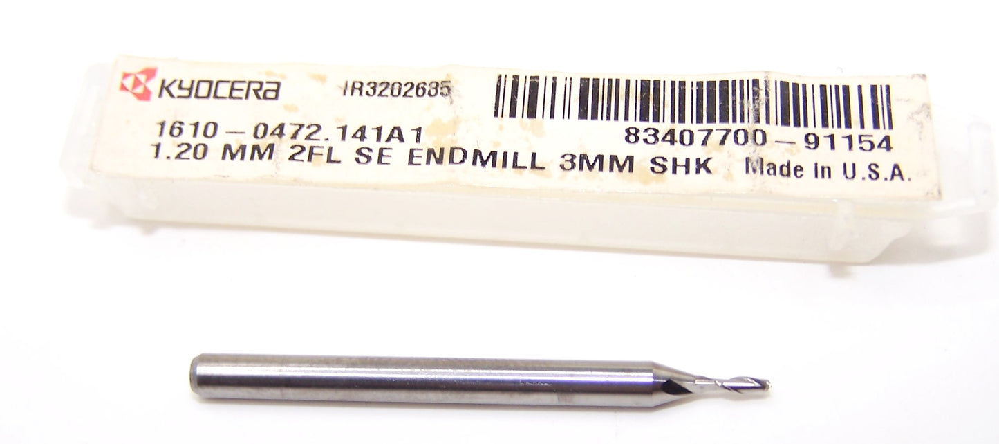 1610-0472.141A1 Kyocera 1.20mm Carbide 2 Flute End Mill 0.0472" Diameter .141" Flute 1.50" Length .1181" Shank