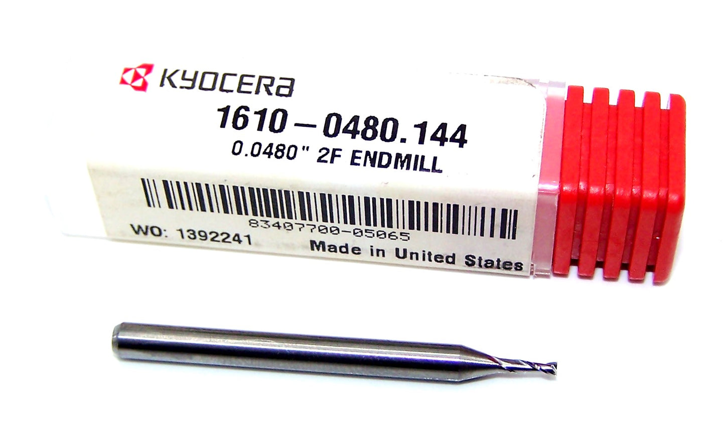 1610-0480.144 Kyocera 0.0480" Carbide 2 Flute End Mill .0480" Diameter .144" Flute 1.50" Length .125" Shank