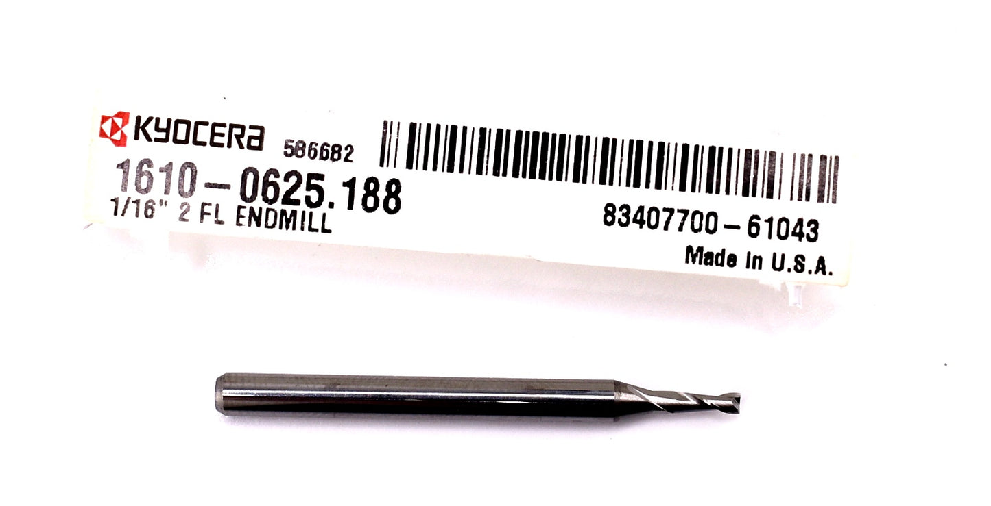 1610-0625.188 Kyocera 1/16" Carbide 2 Flute End Mill 0.0625 Diameter .188" Flute 1.50" Length .125" Shank