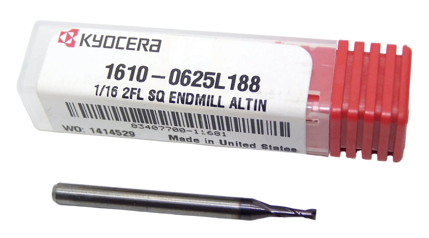 1610-0625L188 Kyocera 1/16" Carbide 2 Flute End Mill AlTiN Coated 0.0625 Diameter .188" Flute 1.50" Length .125" Shank