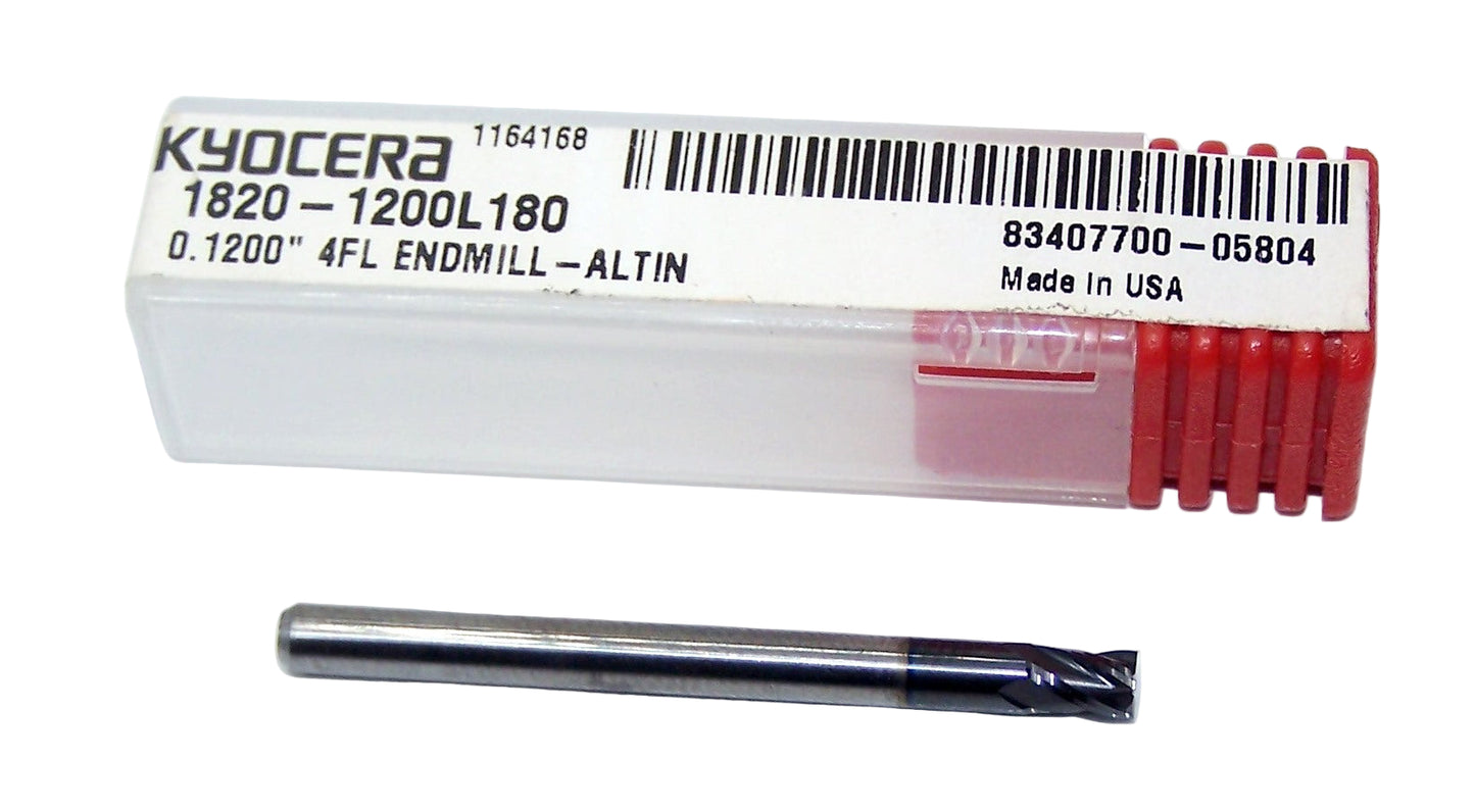 1820-1200L180 Kyocera 0.1200" Carbide 4 Flute End Mill Stub ALTiN Coated 0.1200" Diameter 0.180" Flute 1.50" Length 0.125" Shank
