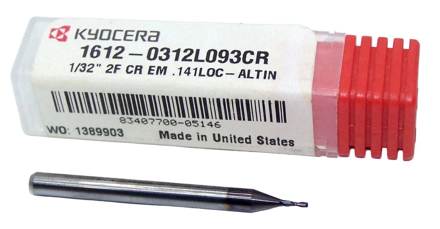 1612-0312L093CR Kyocera 1/32" Carbide 2 Flute End Mill 0.005" Radius AlTiN coated 0.0312" Diameter 0.093" Flute 1.5" Length 0.1250" Shank