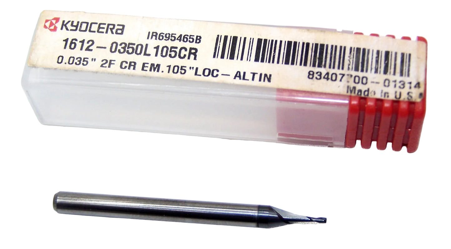 1612-0350L105CR Kyocera 0.035" Carbide 2 Flute End Mill 0.005" Radius ALTiN Coated 0.0350" Diameter 0.1250" Flute 1.5" Length 0.1250" Shank