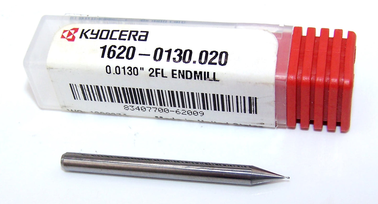 1620-0130.020 Kyocera #81 Carbide 2 Flute End Mill Stub Flute .0130" Diameter .020" Flute 1.50" Length .125" Shank