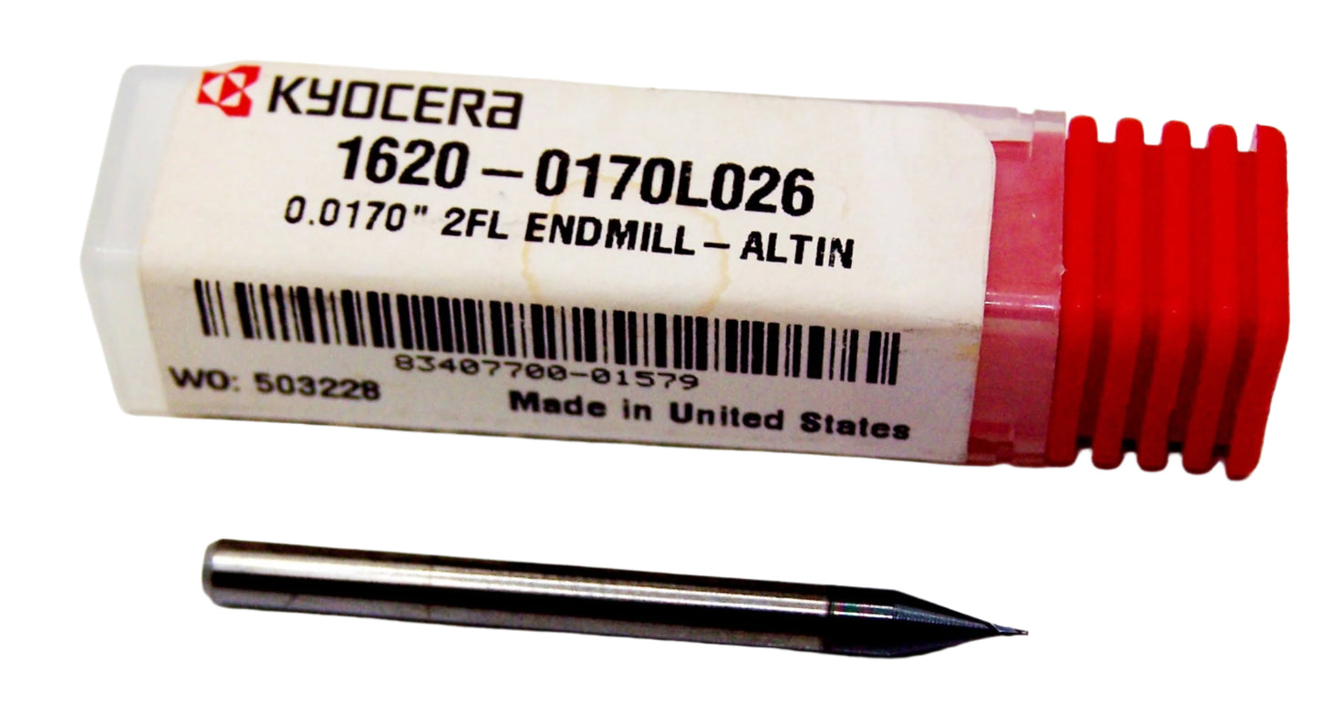 1620-0170L026 Kyocera 0.0170" Carbide 2 Flute End Mill ALTiN Coated 0.0170" Diameter 0.0260" Flute 1.5" Length 0.125" Shank