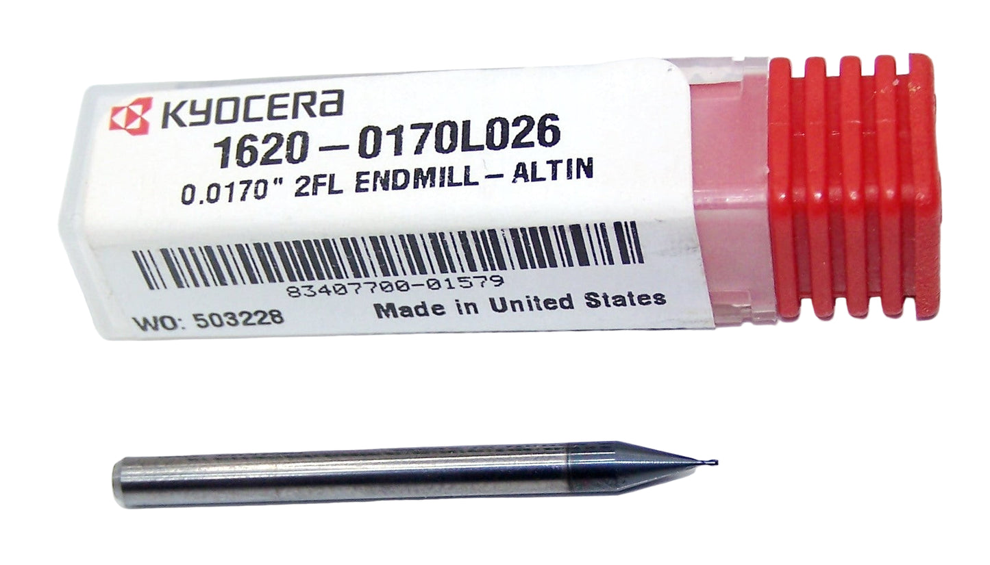 1620-0170L026 Kyocera 0.0170" Carbide 2 Flute End Mill ALTiN Coated 0.0170" Diameter 0.0260" Flute 1.5" Length 0.125" Shank