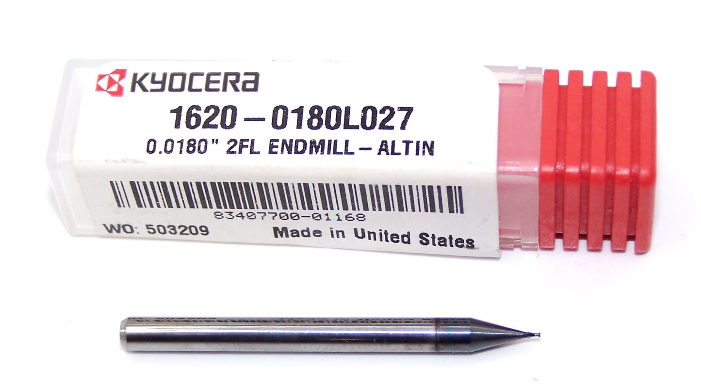 1620-0180L027 Kyocera 0.018" Carbide 2 Flute End Mill ALTiN Coated 0.0180" Diameter 0.0270" Flute 1.5" Length 0.125" Shank