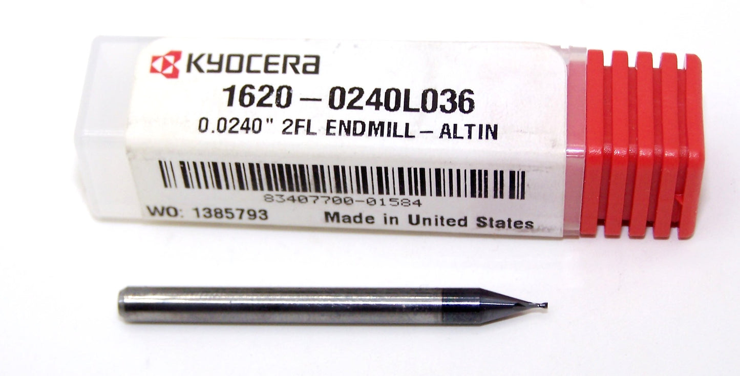 1620-0240L036 Kyocera 0.0240" Carbide 2 Flute End Mill ALTiN Coated 0.0240" Diameter 0.0360" Flute 1.50" Length 0.125" Shank