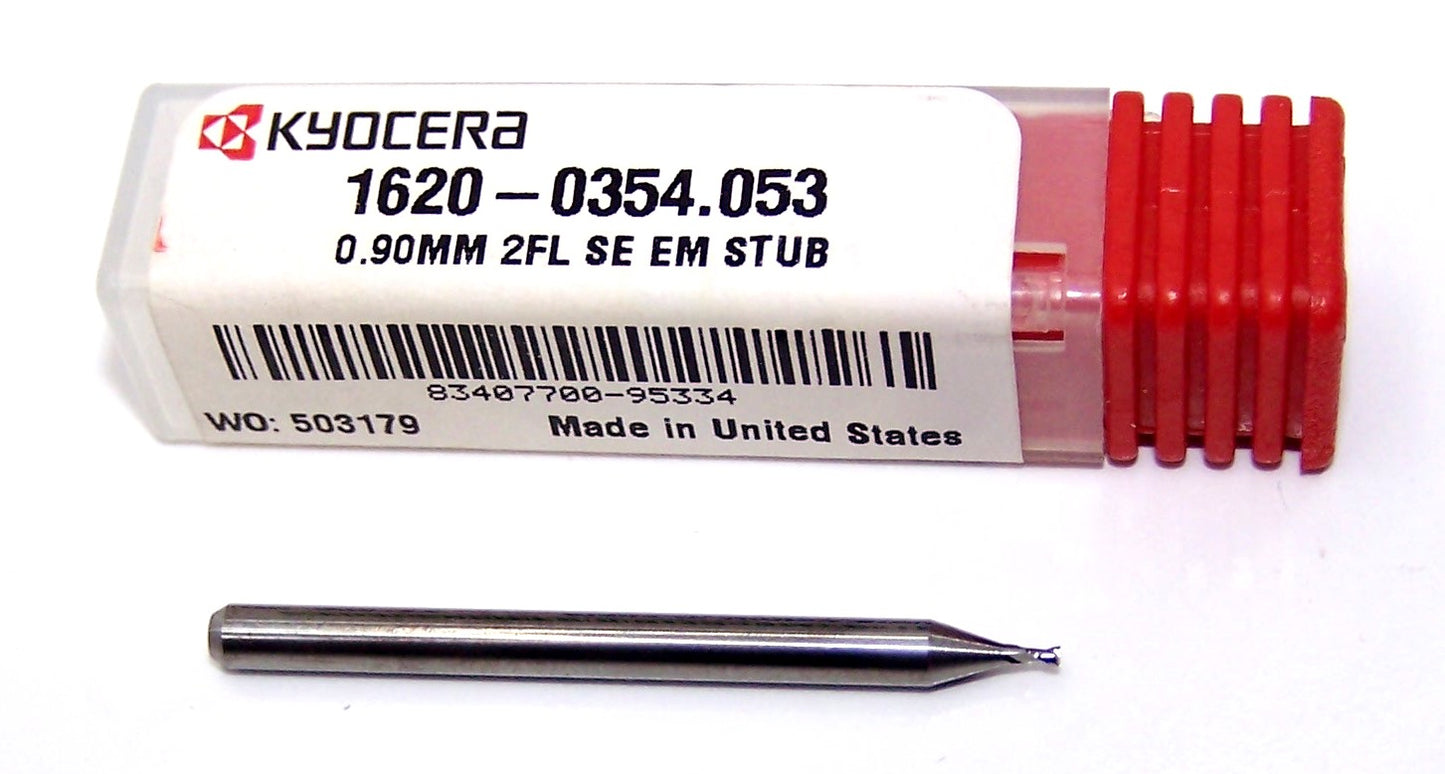 1620-0354.053 Kyocera 0.9mm Carbide 2 Flute End Mill 0.0354" Diameter 0.0530" Flute 1.5" Length 0.1181" Shank