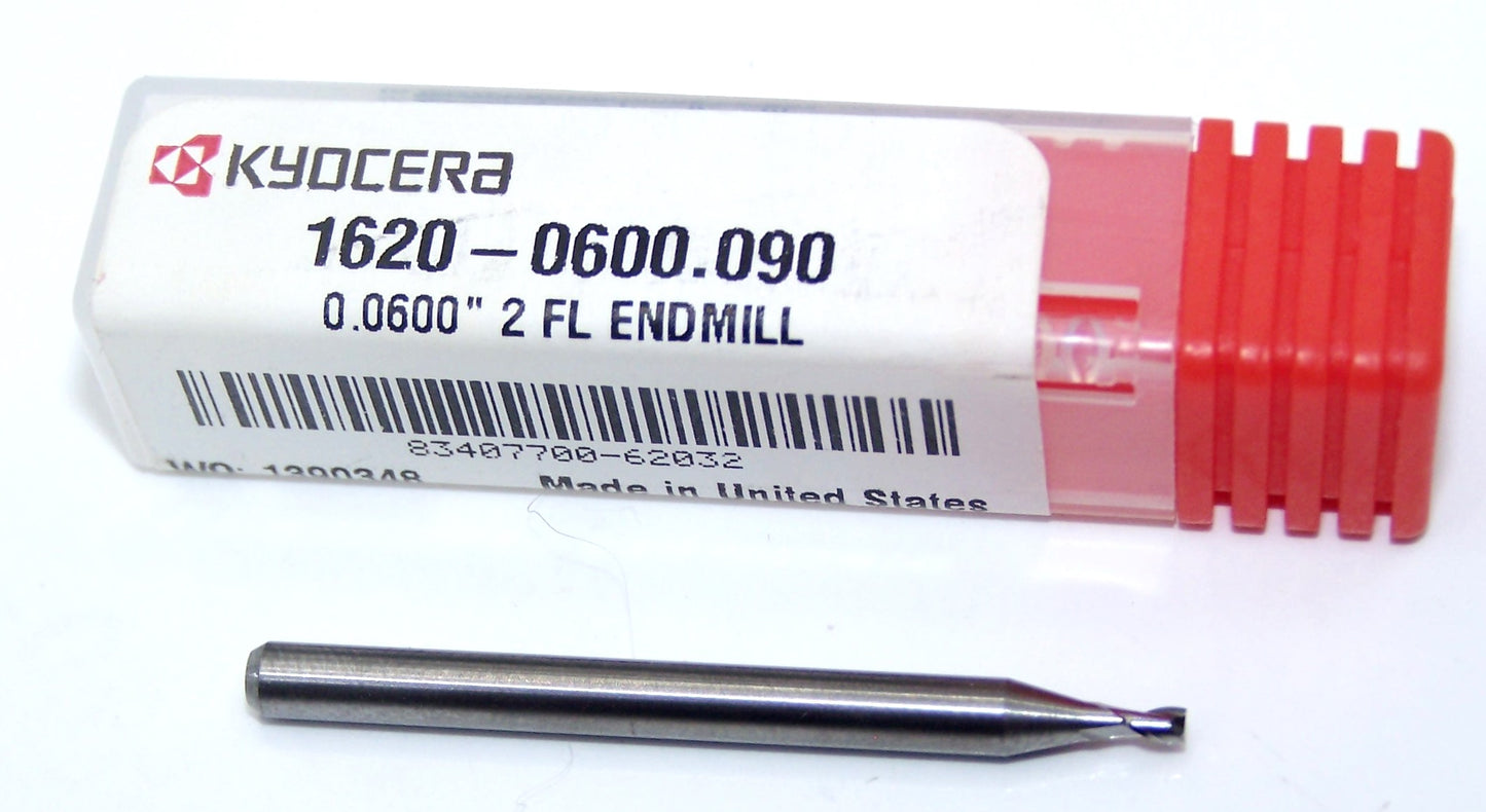 1620-0600.090 Kyocera 0.060" Carbide 2 Flute End Mill Stub Length SQ 0.0600" Diameter 0.0900" Flute 1.5" Length 0.125" Shank