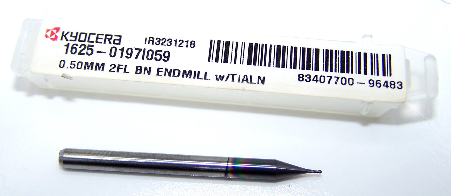 0.0197" CARBIDE END MILL 2 FLUTE 0.50mm DIA .059"LOC BALL END KYOCERA MICROTOOLS 1625-0197I059