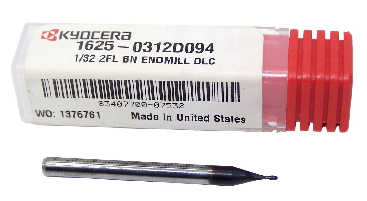 1625-0312D094 Kyocera 1/32" Carbide 2 Flute End Mill Ball End DLC Coated 0.0312" Diameter 0.094" Flute 1.5" Length 0.125" Shank