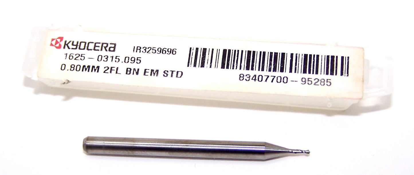 1625-0315.095 Kyocera 0.80mm Carbide 2 Flute End Mill Ball End 0.0315" Diameter 0.0950" Flute 1.5" Length 0.1181" Shank