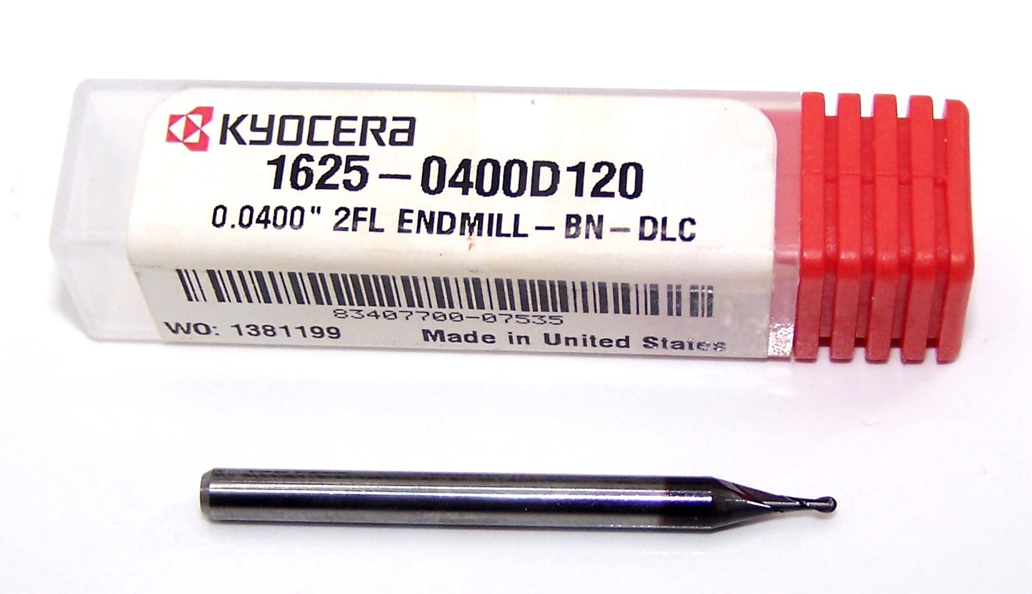 1625-0400D120 Kyocera 0.0400" Carbide 2 Flute End Mill Ball End DLC Coated 0.0400" Diameter 0.1200" Flute 1.5" Length 0.125" Shank