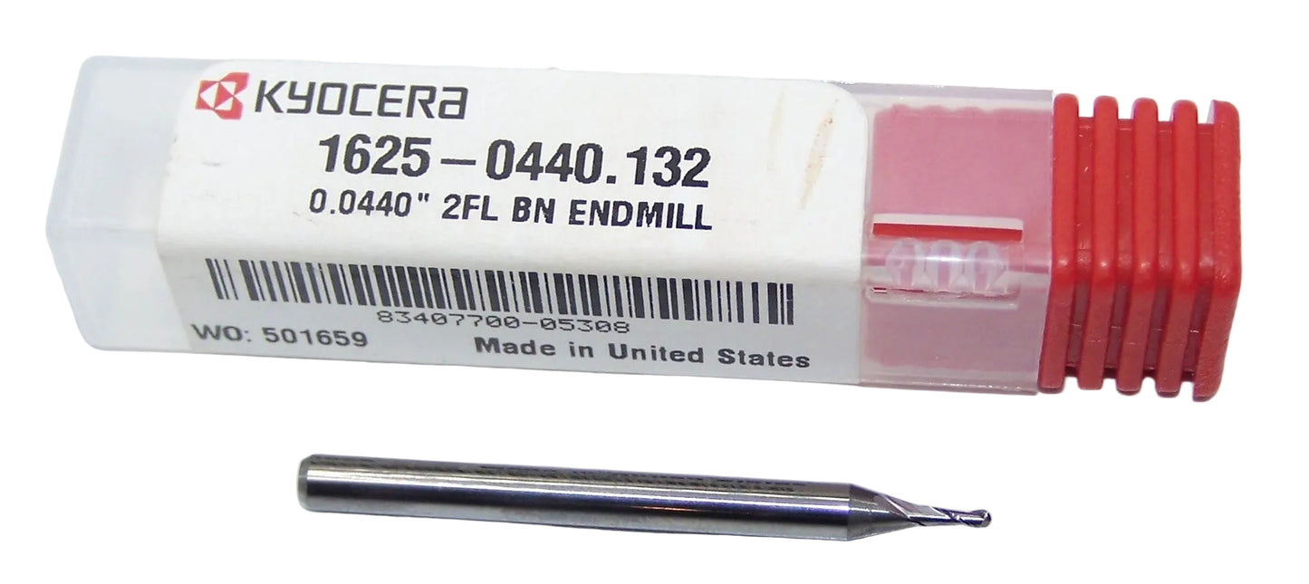 1625-0440.132 Kyocera 0.0440" Carbide 2 Flute End Mill Ball End 0.0440" Diameter 0.1320" Flute 1.5" Length 0.125" Shank