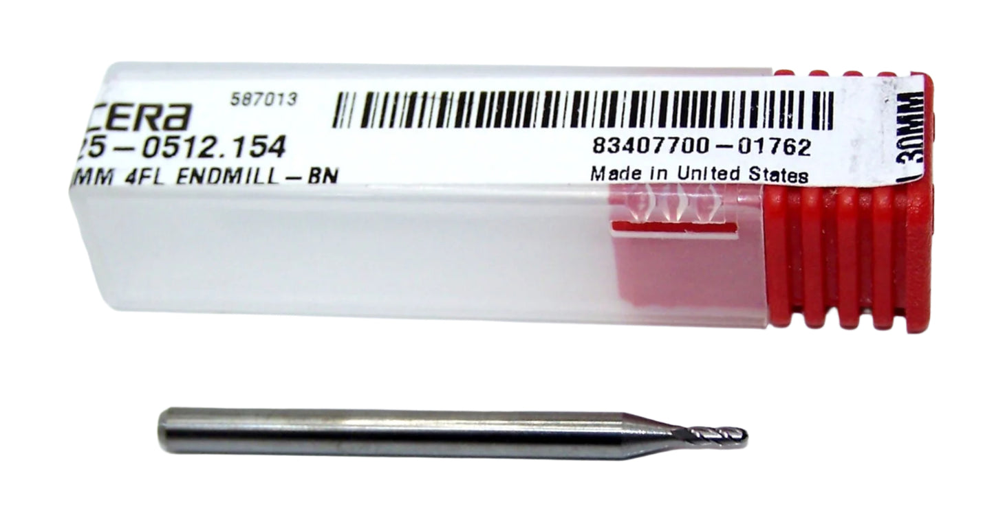 1825-0512.154 Kyocera 1.30mm Carbide 4 Flute End Mill Ball End 0.0512" Diameter 0.1540" Flute 1.5" Length 0.1181" Shank