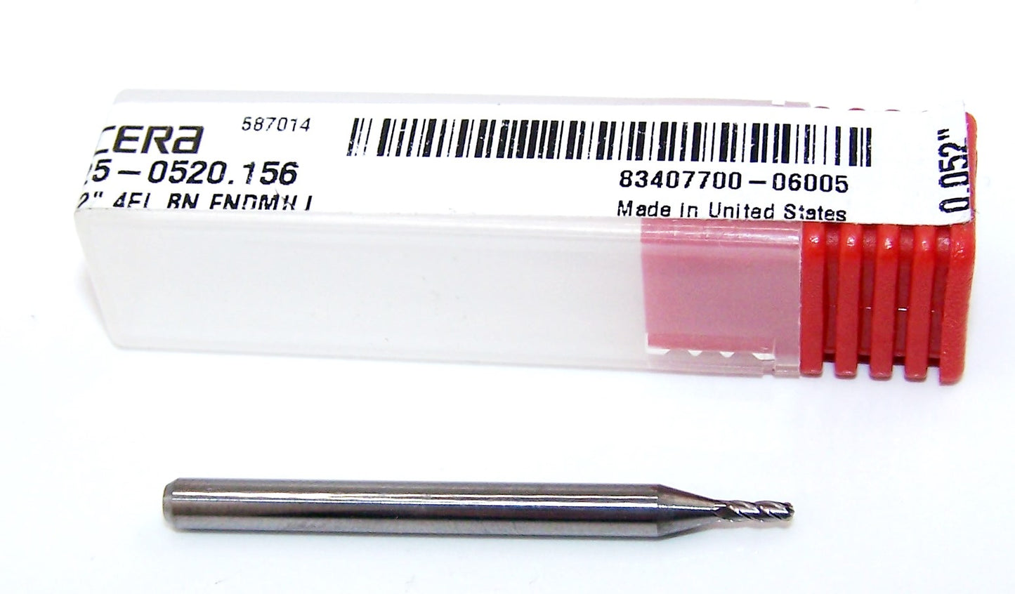 1825-0520.156 Kyocera #55 Carbide 4 Flute End Mill Ball End .0520" Diameter .156" Flute 1.50" Length .125" Shank