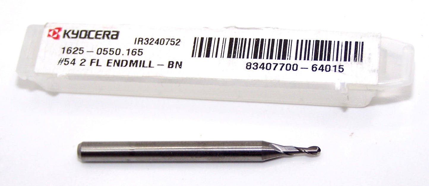 1625-0550.165 Kyocera #54 Carbide 2 Flute End Mill Ball End 0.0550" Diameter 0.1650" Flute 1.5" Length 0.125" Shank