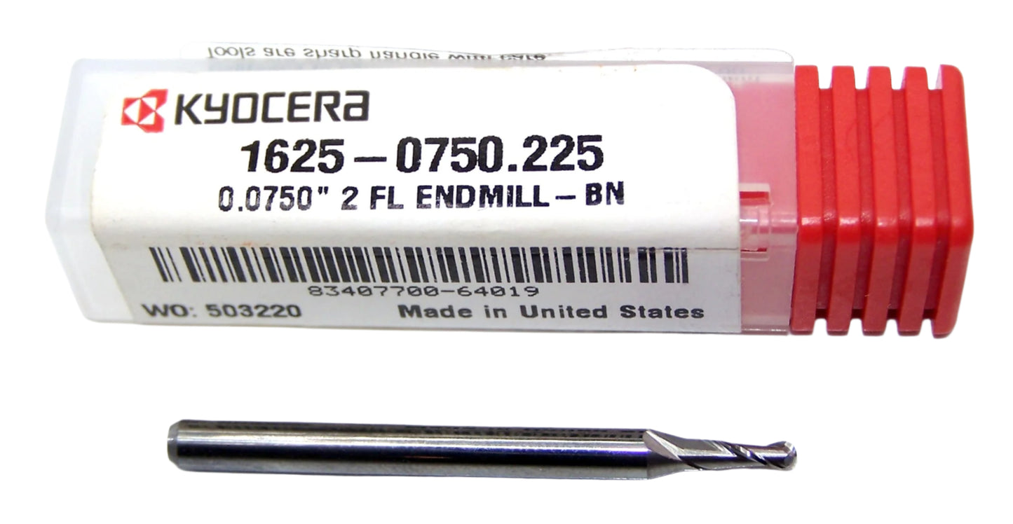 1625-0750.225 Kyocera 0.0750" Carbide 2 Flute End Mill Ball End 0.0750" Diameter 0.225" Flute 1.5" Length 0.125" Shank