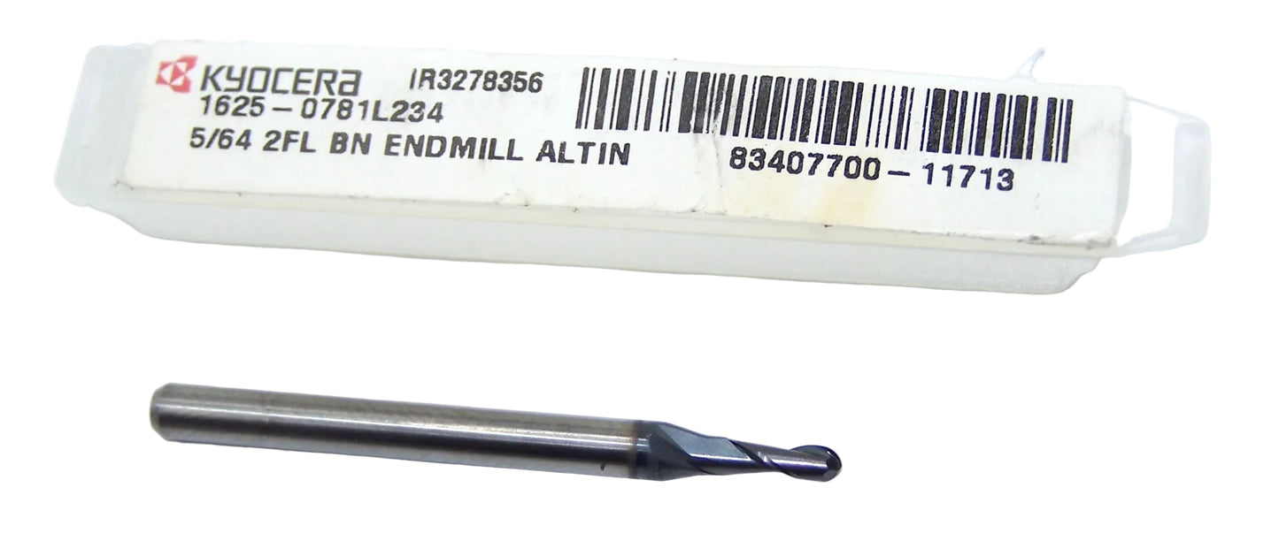 1625-0781L234 Kyocera 5/64" Carbide 2 Flute End Mill Ball End ALTiN Coated 0.0781" Diameter 0.234" Flute 1.5" Length 0.125" Shank