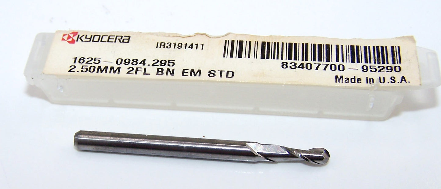 1625-0984.295 Kyocera 2.50mm Carbide 2 Flute End Mill Ball End .0984" Diameter .295" Flute 1.50" Length .1181" Shank