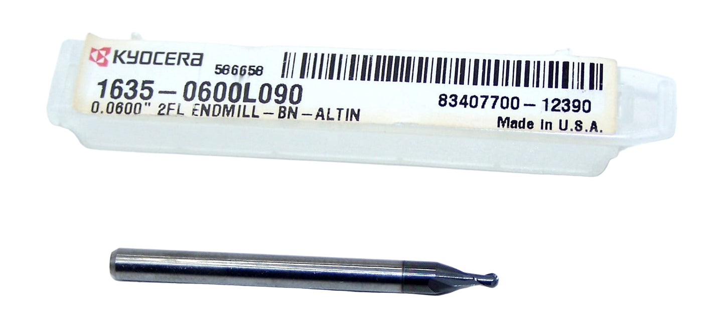 1635-0600L090 Kyocera 0.0600" Carbide 2 Flute End Mill Ball End ALTiN Coated 0.0600" Diameter 0.090" Flute 1.5" Length 0.125" Shank