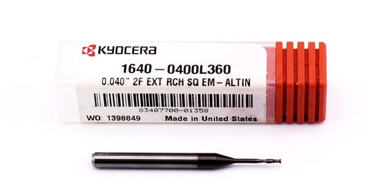 0.0400" CARBIDE END MILL 2 FLUTE #60 DIA .120"LOC EXTENDED REACH AlTiN KYOCERA MICROTOOLS 1640-0400L360