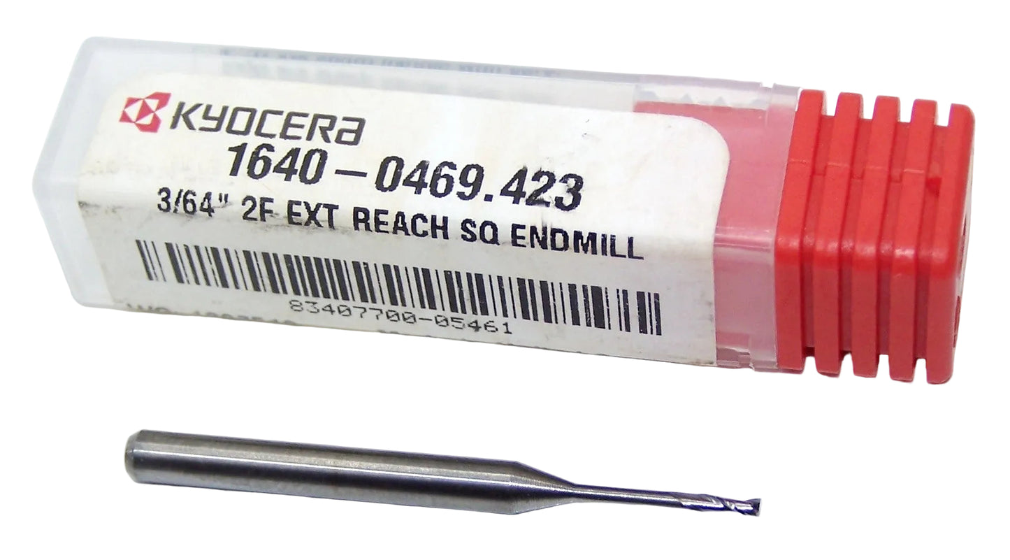 1640-0469.423 Kyocera 3/64" Carbide 2 Flute End Mill .423" Extended Reach 0.0469" Diameter 0.141" Flute 1.50" Length 0.125" Shank
