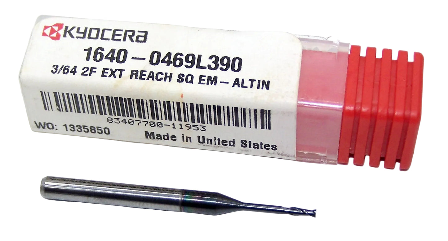 1640-0469L390 Kyocera 3/64" Carbide 2 Flute End Mill .390" Extended Reach 0.0469" Diameter 0.141" Flute 1.50" Length 0.125" Shank
