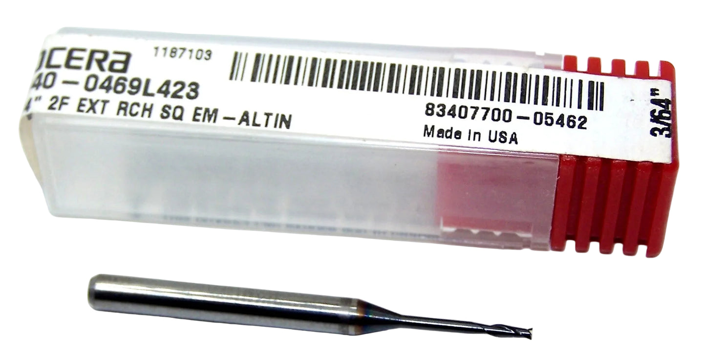 1640-0469L423 Kyocera 3/64" Carbide 2 Flute End Mill .423" Extended Reach ALTiN Coated 0.0469" Diameter 0.141" Flute 1.50" Length 0.125" Shank