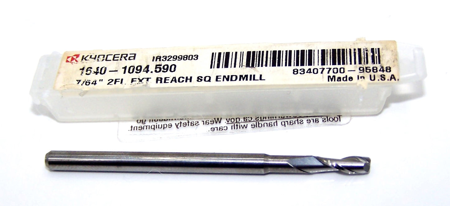 1640-1094.590 Kyocera 7/64" Carbide 2 Flute End Mill Extended Reach SQ .1094" Diameter .328" Flute 2.00" Length .125" Shank .590" Reach