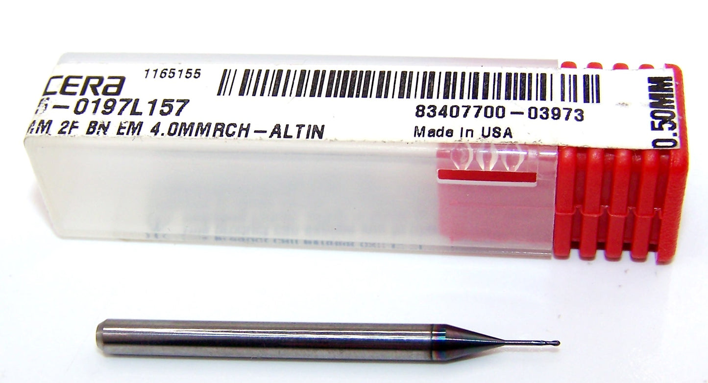 1645-0197L157 Kyocera 0.50mm Carbide 2 Flute End Mill Extend Reach Ball End AlTiN .0197" Diameter .059"Flute 1.50" Length .1181" Shank .157" Reach