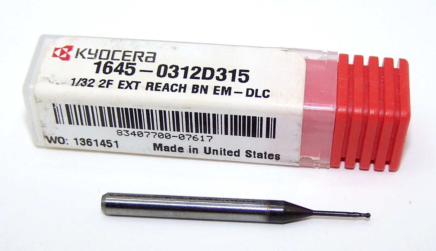 1645-0312D315 Kyocera 1/32" Carbide 2 Flute End Mill Extend Reach Ball End DLC Coated .0197" Diameter .093"Flute 1.50" Length .125" Shank .315" Reach