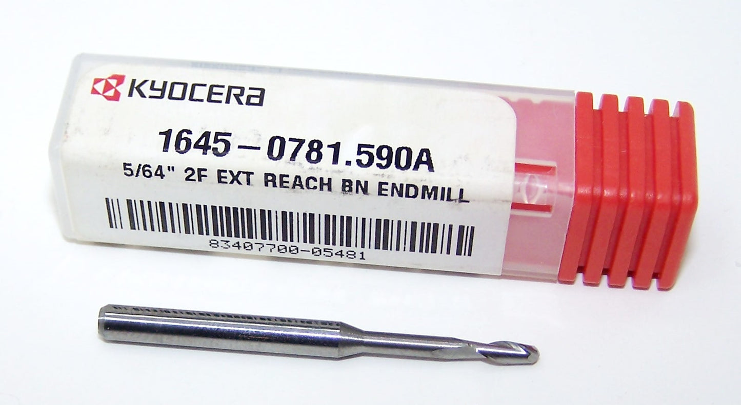 1645-0781.590A Kyocera 5/64" Carbide 2 Flute End Mill .590" Extend Reach Ball End .0938" Diameter .234" Flute 1.50" Length .125" Shank