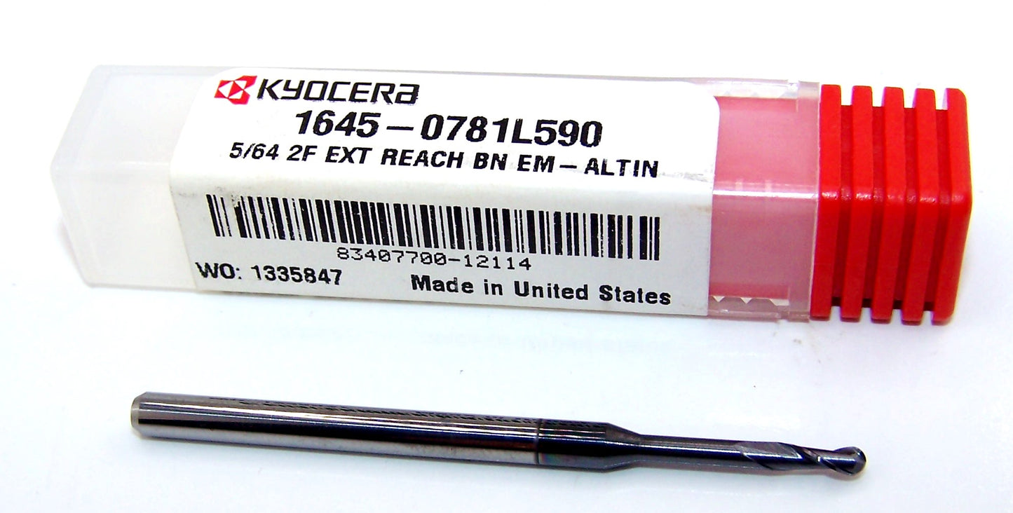 1645-0781L590 Kyocera 5/64" Carbide 2 Flute End Mill .590" Extend Reach Ball End AlTiN .0938" Diameter .234" Flute 1.50" Length .125" Shank