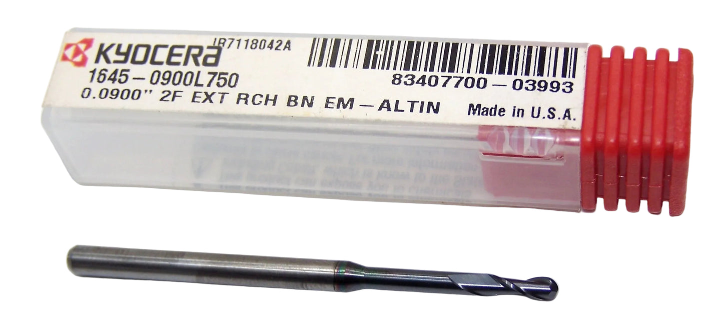1645-0900L750 Kyocera 0.0900" Carbide 2 Flute End Mill .750" Extended Reach Ball End ALTiN Coated 0.0900" Diameter 0.270" Flute 1.5" Length 0.125" Shank