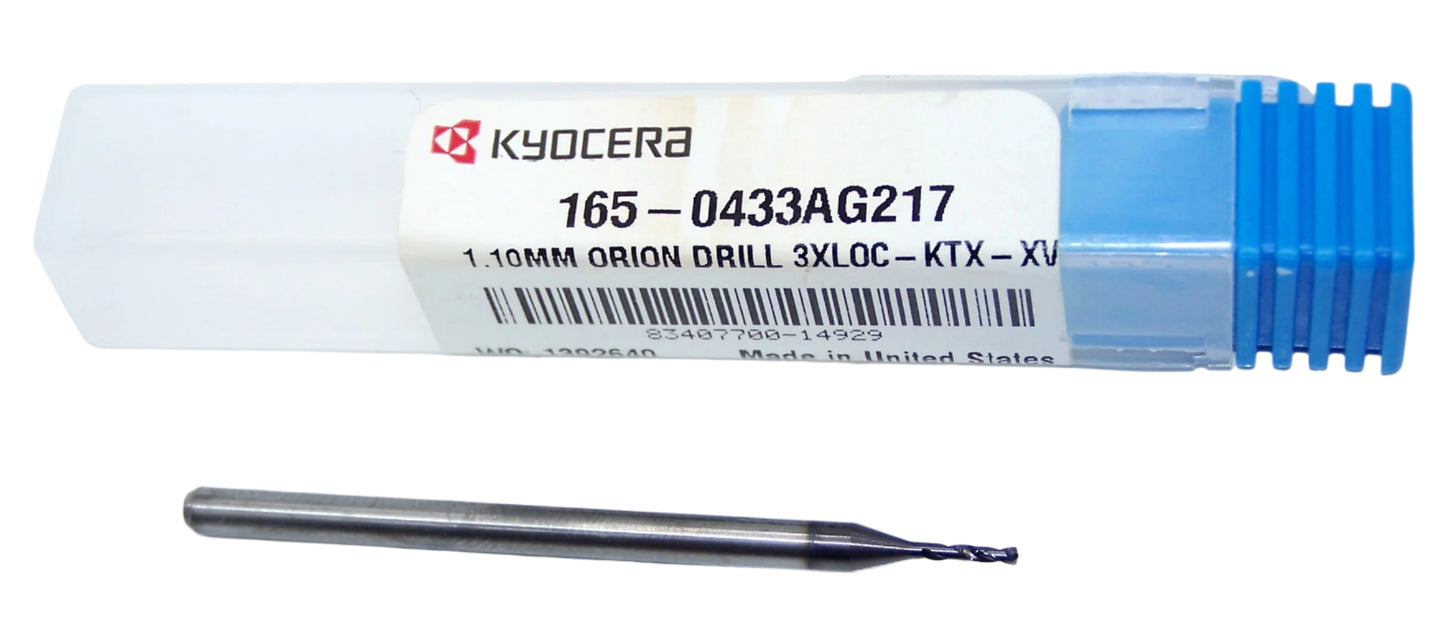 165-0433AG217 Kyocera 1.10mm Carbide 2 Flute Drill High Performance .0433" Diameter .217" Flute 1.97" Length .118" Shank 142° Point Coated