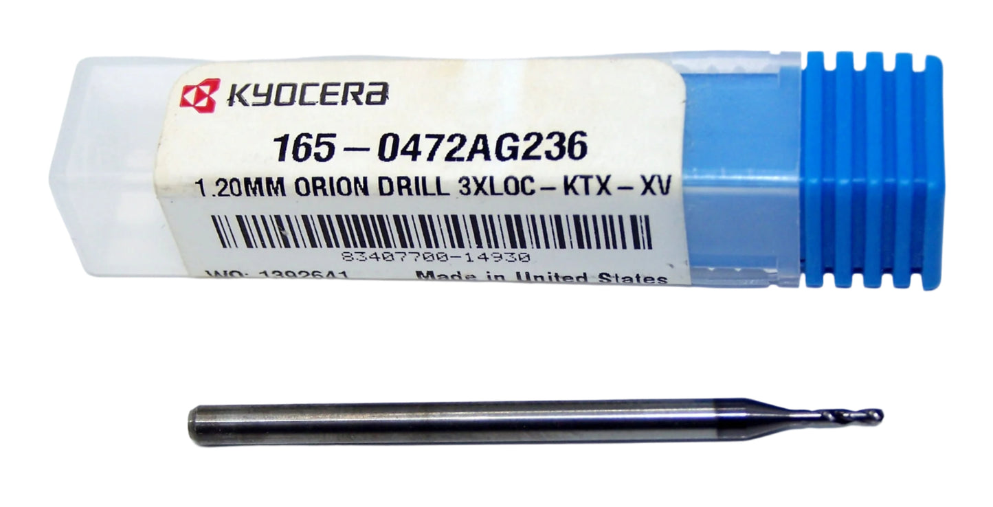 165-0472AG236 Kyocera 1.20mm Carbide 2 Flute Drill High Performance .0472" Diameter .142" Flute 1.97" Length .118" Shank 142° Point Coated